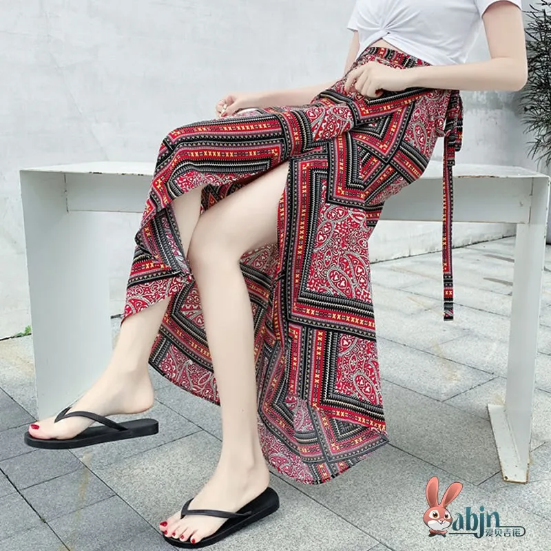 

Юбка-полусолнце с высокой талией в национальном стиле для женщин, в стиле южно-китайских народностей, из полиэфирного волокна, устойчивого к тропическим штормам, с принтом, облегающая