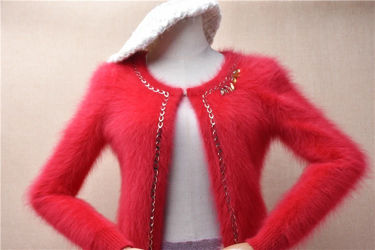 Women Mujer Autumn Winter Red Beading Hairy Mink Cashmere Knitted Long Sleeves Short Style Crop Top Slim Cardigans Sweater Coat