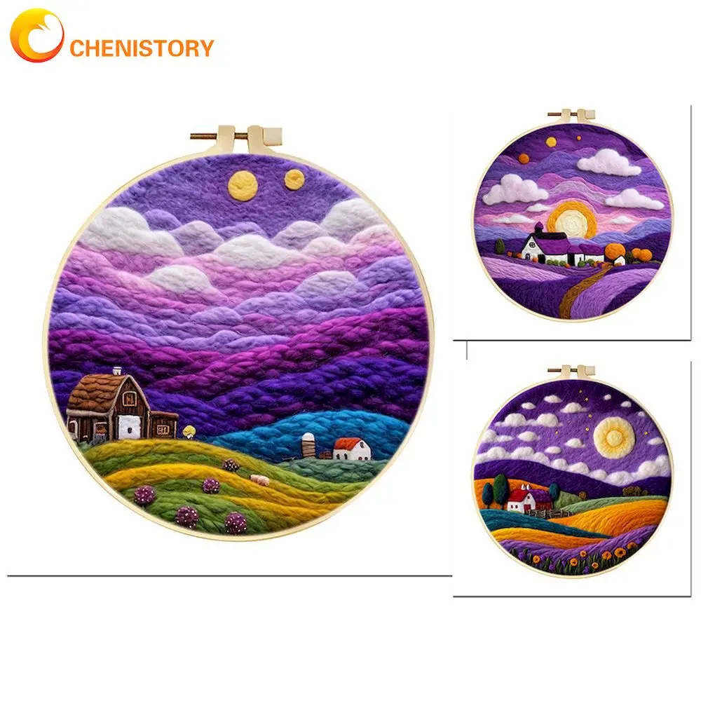 

CHENISTORY 20x20cm Frame Needle Felt Embroidery Felt Painting Kit For Beginners House Scenery Wool Needle Felt Set Gift