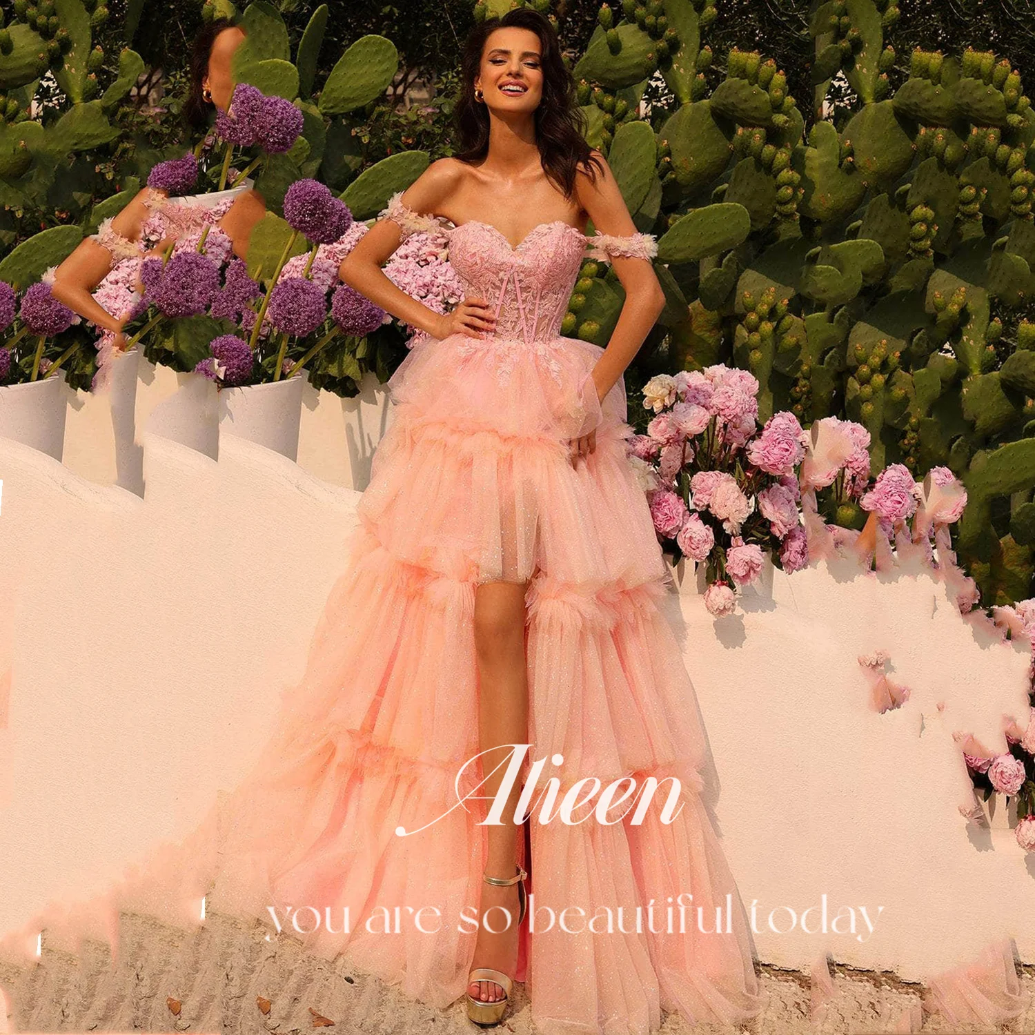 

Aileen Multi-layer Women Evening Dress Lace Elegant Women's Dresses for Wedding Party Платье Вечернее Pink فساتين سهرة Side Slit