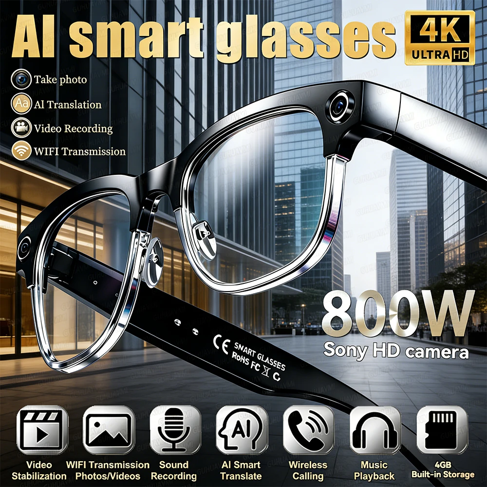 

New Business 4K HD 800W Pixel Camera Smart Glasses Men 32GB Memory Video Recording AI Translation Music Player With Call Glasses