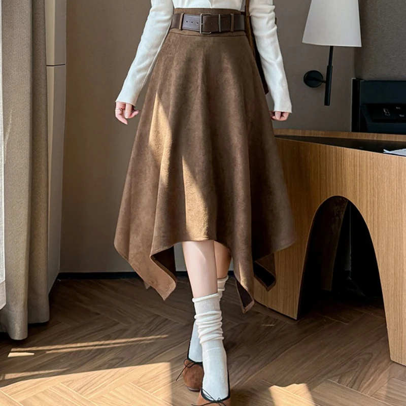 

Seoulish Autumn Winter Velvet Irregular Women's A-line Skirts with Belted 2025 New High Waist Vintage Loose Umbrella Skirts