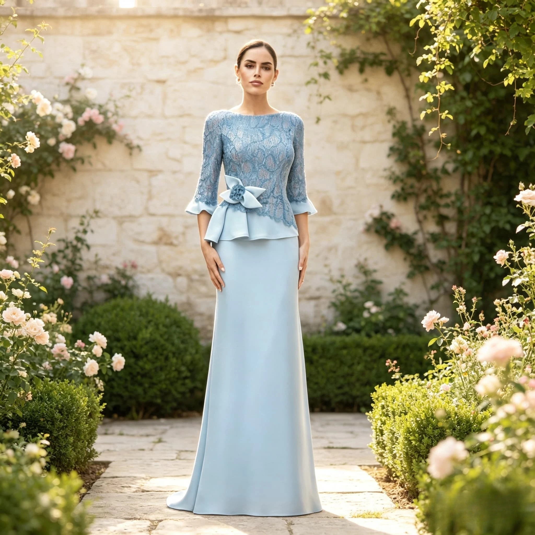 Vestido de Madrina de Novia Azul Cielo Claro Personalizado, Estilo Sirena, con Manga de Encaje 3/4, Lazo, Satén, Largo, Formal, para Invitadas de Boda
