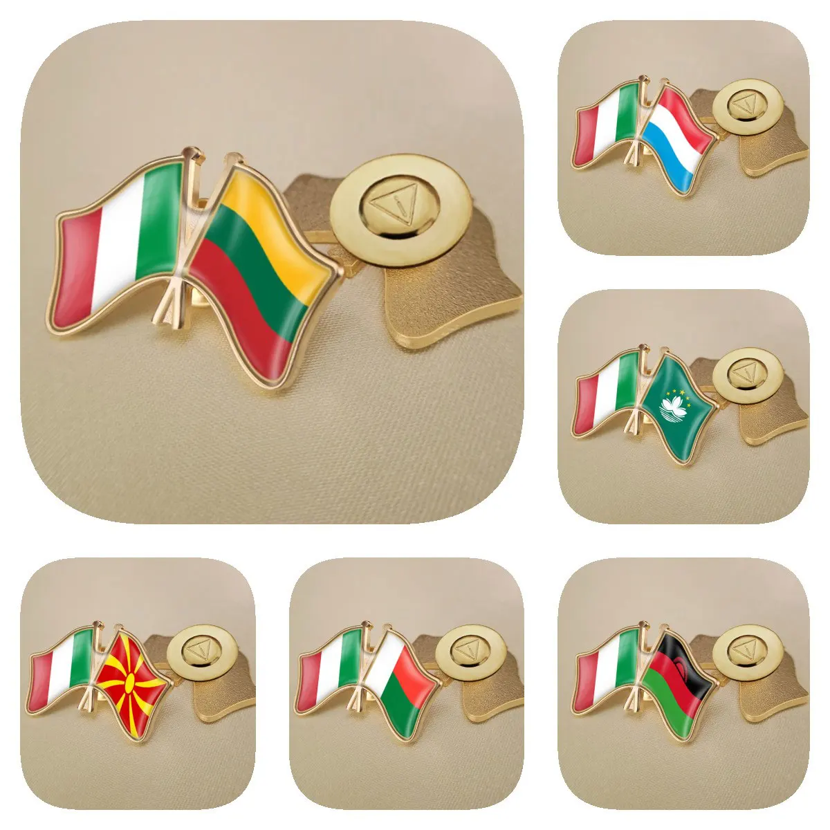 Italy and Lithuania Luxembourg Macao Macedonia Madagascar Malawi Double Crossed Friendship Flags Brooches Lapel Pins Bradges