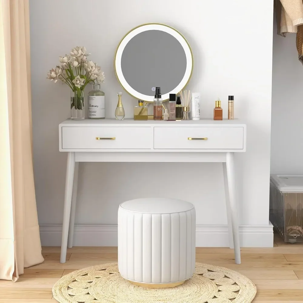 

white small desk with drawers - 40 inch white home office study writing desk for bedroom, vanity desk with 4 solid legs, modern