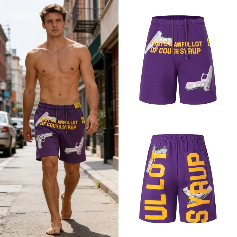 

Fashionable That's A Awful Lot of Cough Syrup Gun Print Shorts US Style Streetwear Daily Men Women Summer Drawstring Shortpants
