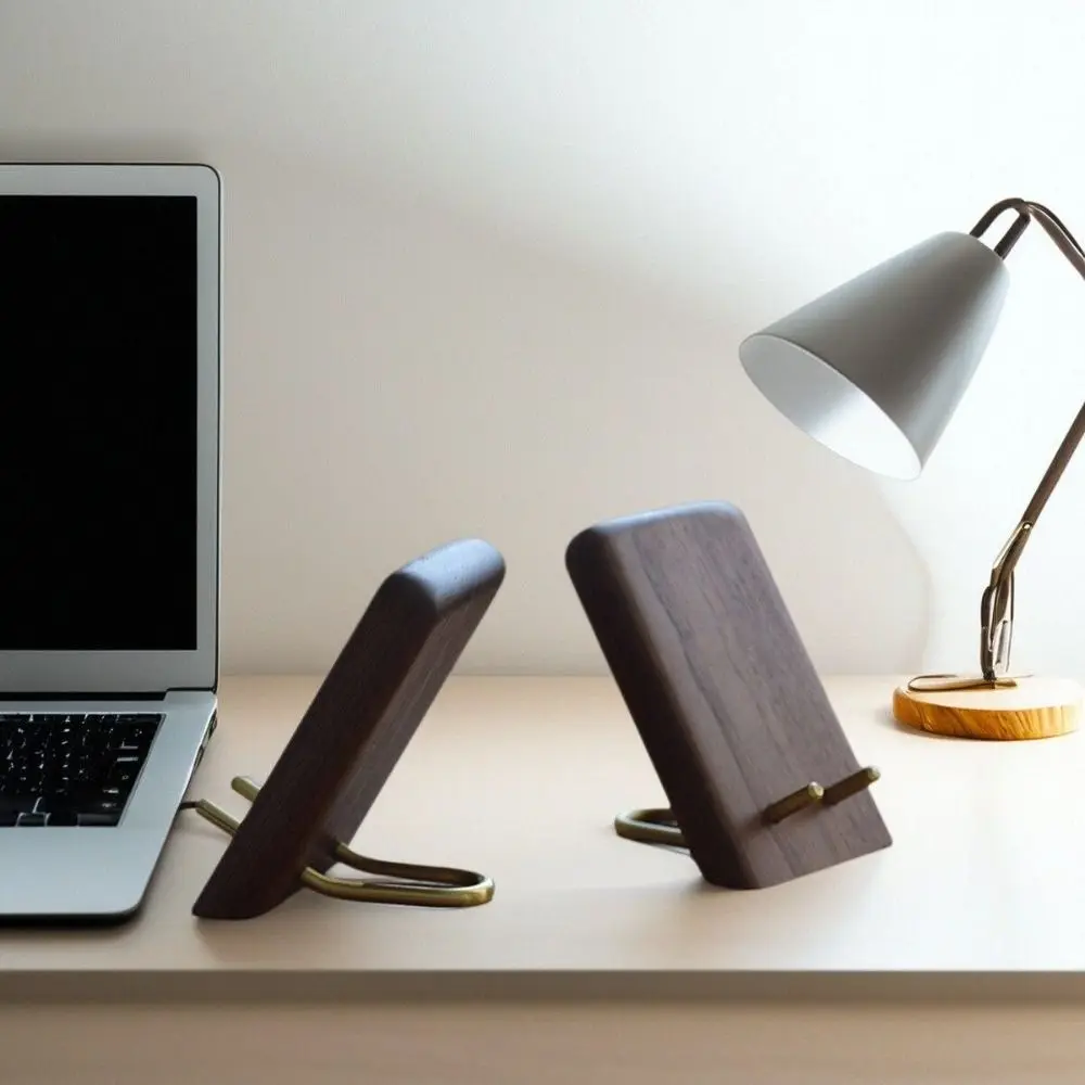 

Retro Walnut Wood Phone Stand Non-Slip Base Metal Desktop Phone Holder Simple Design Portable Phone Bracket Desktop Use