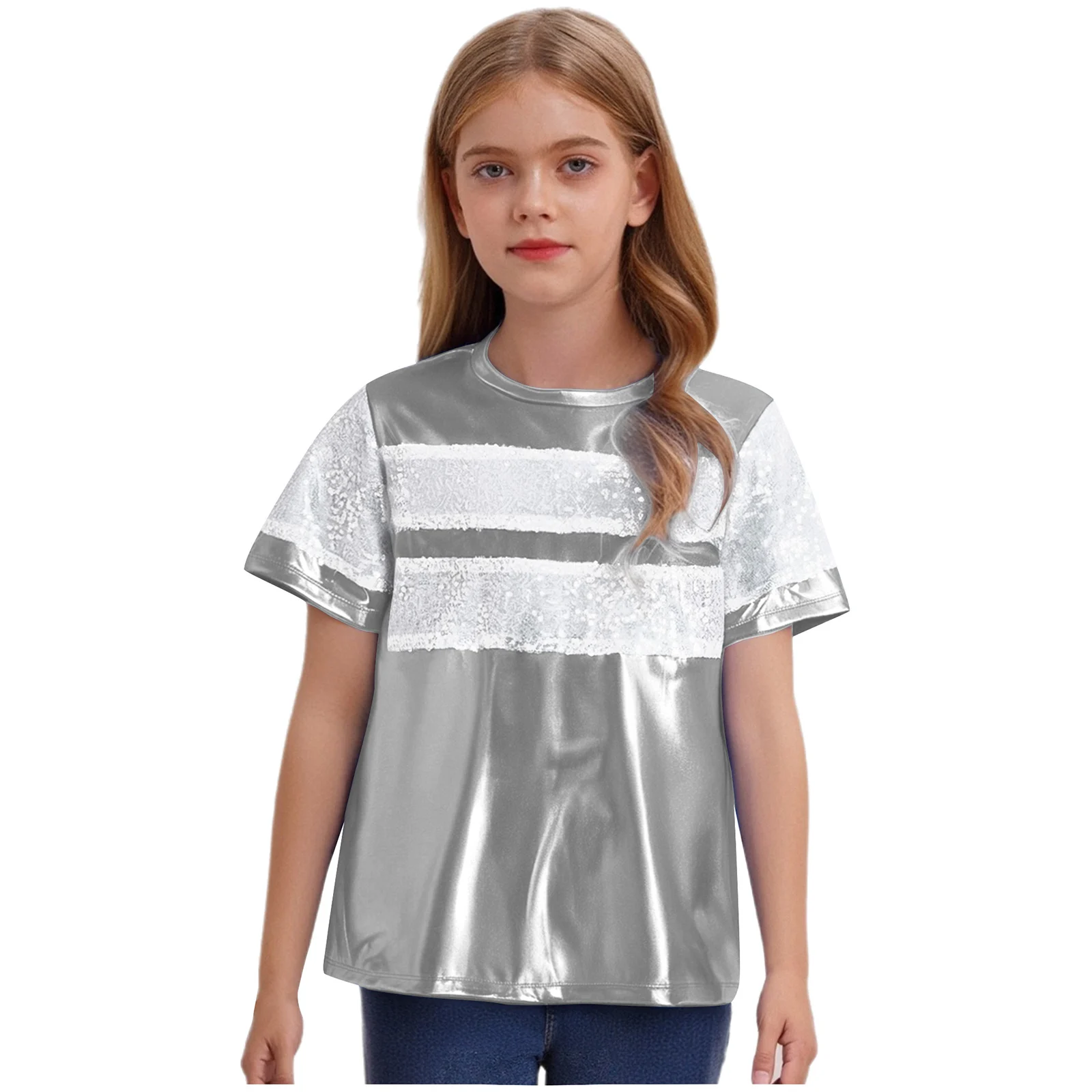

Girls Boys T-Shirt Short Sleeve Metallic Shiny Sequins Patchwork Tops for Hip Hop Disco Jazz Dance Stage Performance Costumes