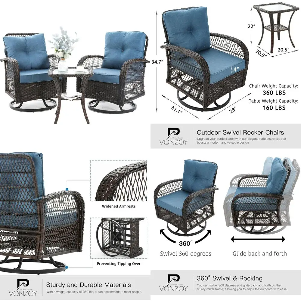 

3-Piece Outdoor Patio Furniture Set with Swivel Glider Rocker and Wicker Bistro Chairs, Plush Cushions Included