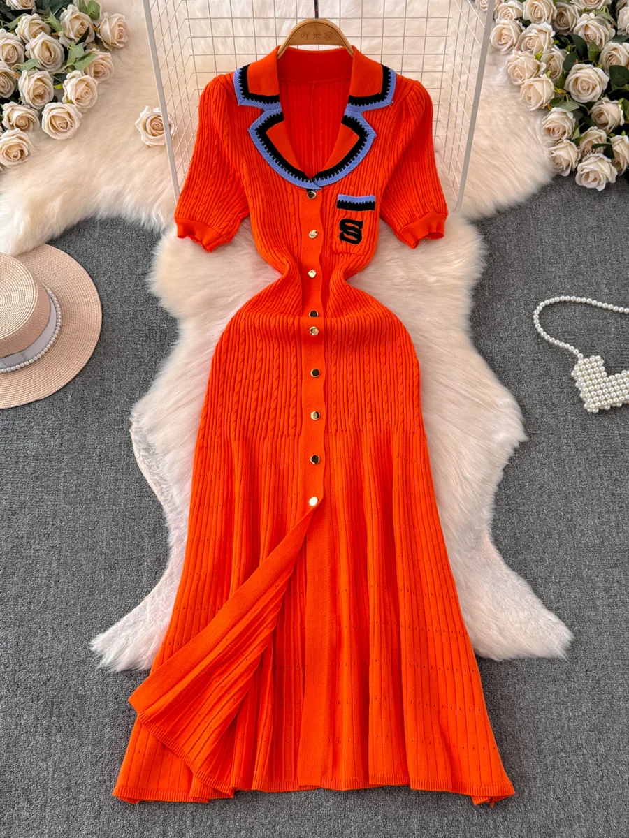 2024 neue Mode gestrickt Maxi kleid Sommer Frauen elegante Turn-Down-Kragen Stickerei langes Hemd Kleid Dame Pullover Vestidos