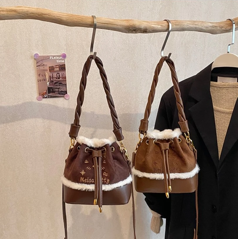 

Роскошная текстурная сумка-ведро для женщин — зимняя сумка премиум-класса, сумка через плечо на шнурке и сумка через плечо с элегантным дизайном