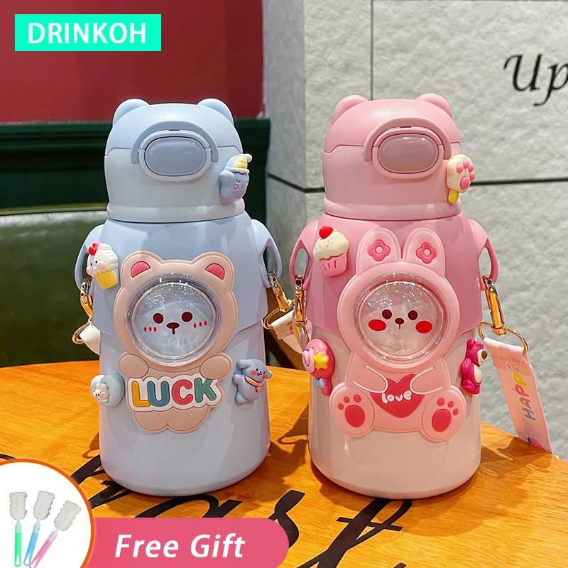 

Stainless Steel Vacuum Flasks Children Thermos 520ml Straw Insulated Cup Cute Girls Water Bottle Kawaii Portable Thermal Tumbler