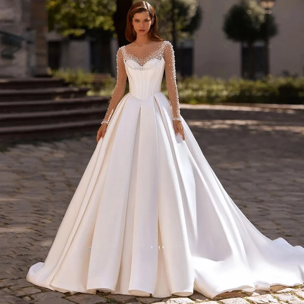 Gorgeous A-line Satin Wedding Dresses O Neck Long Sleeves Beading Pearls Sweep Train Corset Bridal Gown vestido de novia