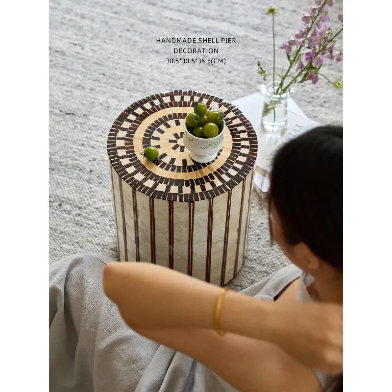 Handmade shell coffee color vertical stripe round pier sofa edge coffee table corner balcony seat pier seat