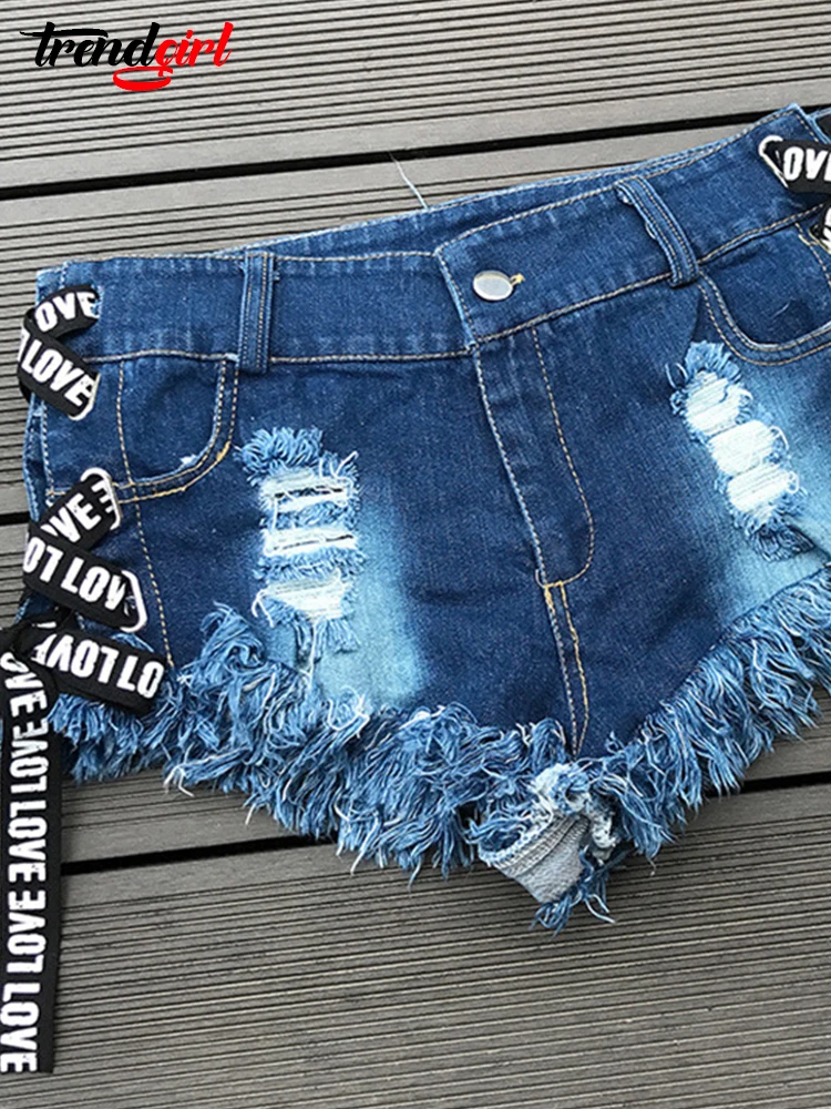 Mlaiscsr Sexy Low Waist Letter Bandage Denim Ripped Shorts Jeans Women's Blue Niight Club DJ Dance Bar Beach Skinny Mini Jeans