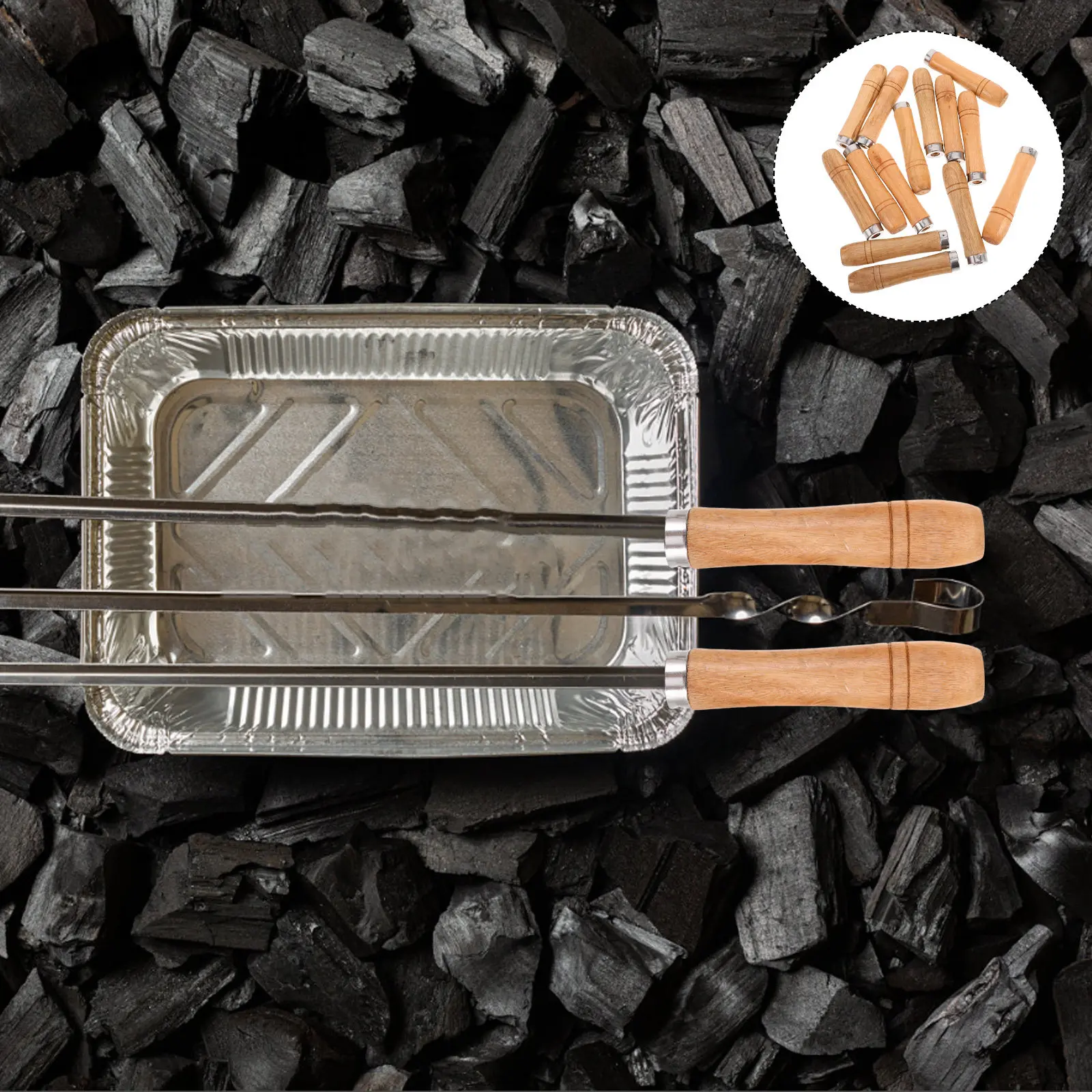 Juego de 14 Tenedores para Barbacoa con Mangos de Madera Antideslizantes y Resistentes al Calor, Tenedores Desmontables para Asador, Accesorios de Repuesto para Asar