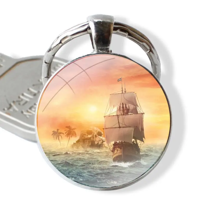 Keychain Glass Cabochon Metal Pendant Classic Men's Women's Keyring sailing ship