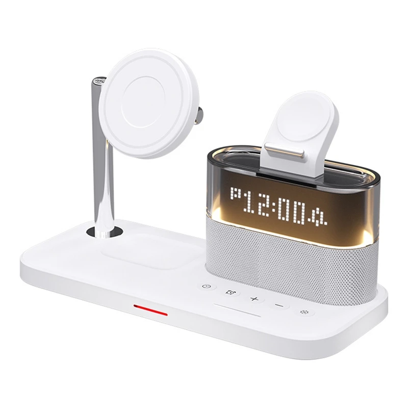 5 In 1 Magnetic Wireless Charger Stand LED Night Light Alarm Clock Fast Charging Station White