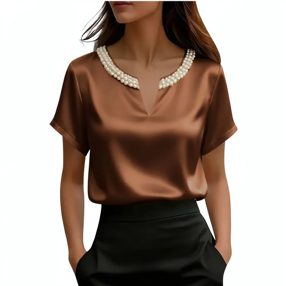 Chic Women Summer Satin Blouse Pearl Decor Short Sleeve T Shirt Casual French Style Elegant Soft Fabric Loose Fit Top