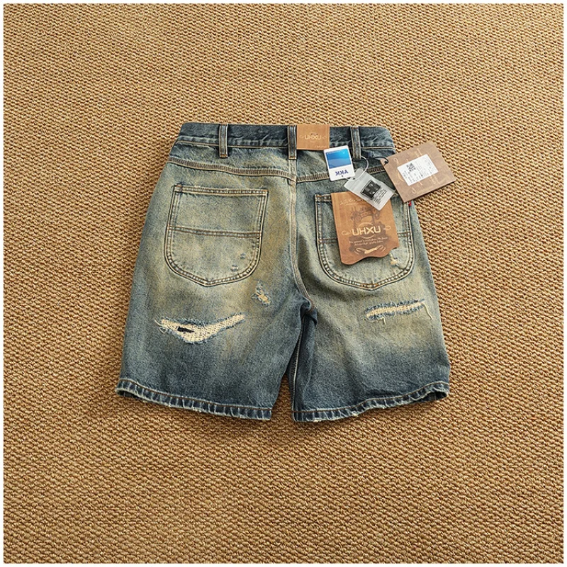 

Летние уличные трендовые джинсовые шорты с рваными нашивками, мужские разноцветные потертые чернила, модные брендовые потертые брюки в стиле ретро с пятью четвертью