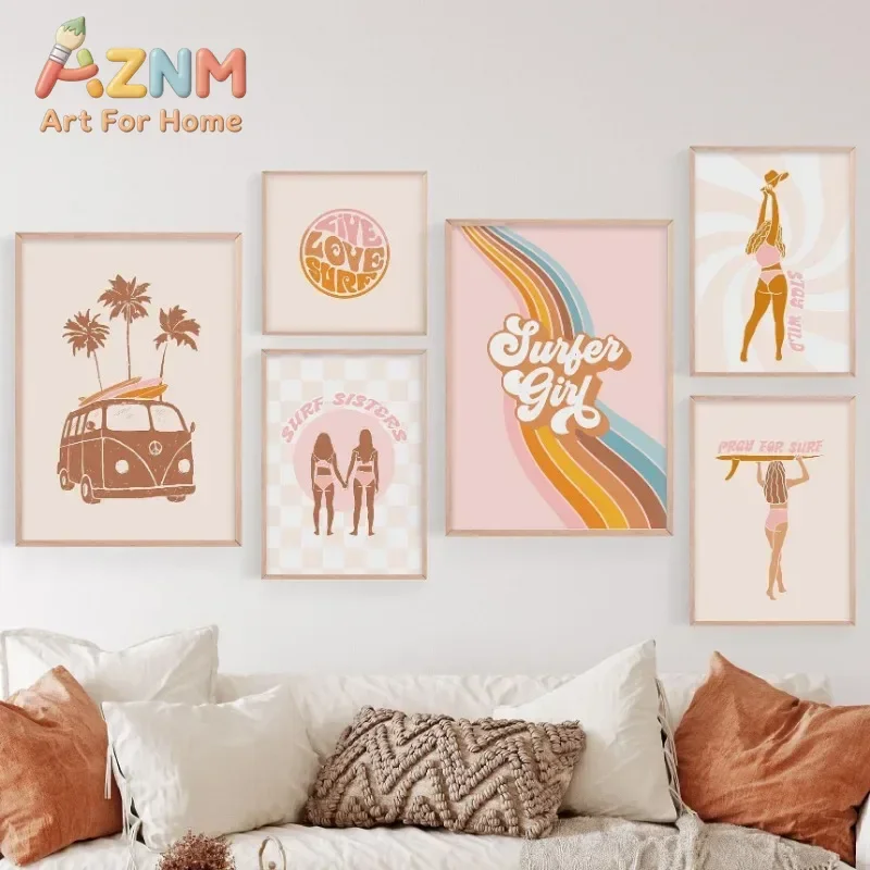 AZNM Retro Summer Surf Girl Canvas Wall Art Boho Beach Van Seashell Palm Tree Art Print Unframed Canvas Poster for Bedroom Dorm
