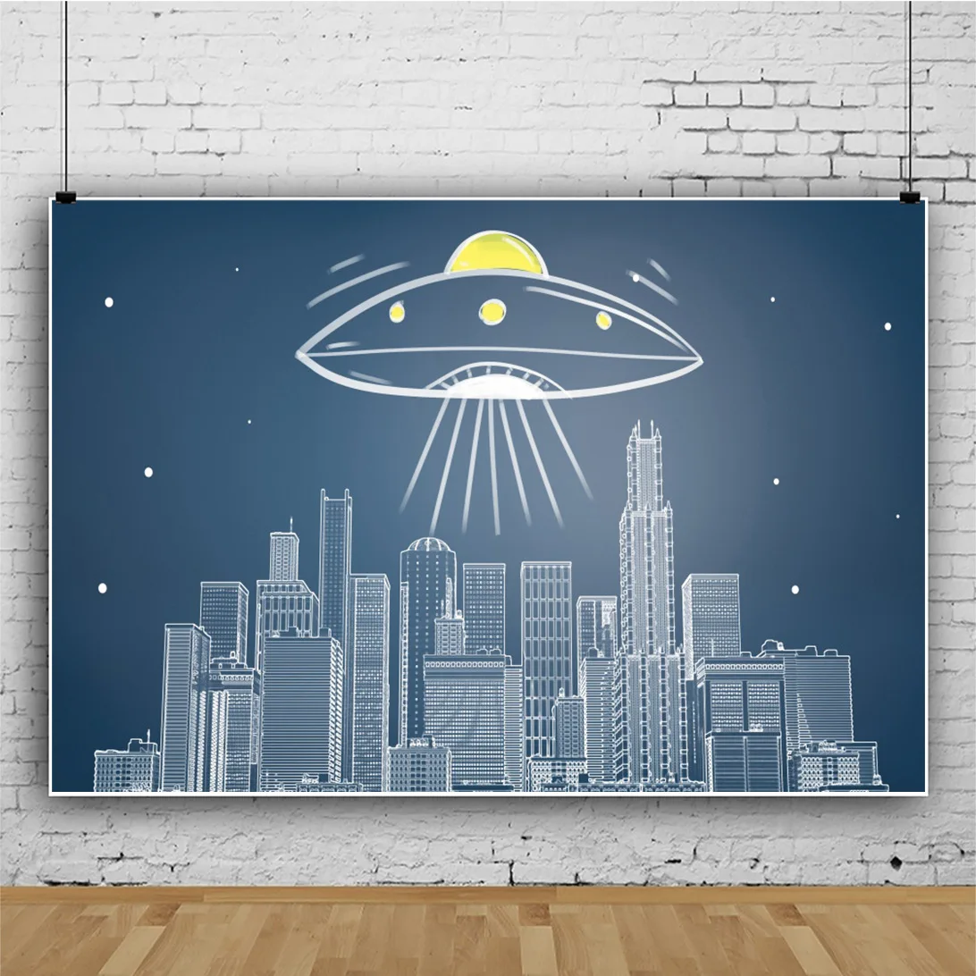 Stick Figure Flying Saucer Tall Building Portrait Photography Backdrop Decor Photo Background Studio Photocall Props