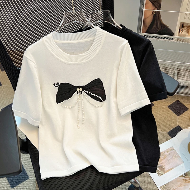 New Summer Luxury Design perline Bowknot manica corta t-shirt in maglia 2024 moda coreana sottile Casual donna maglieria top Tees