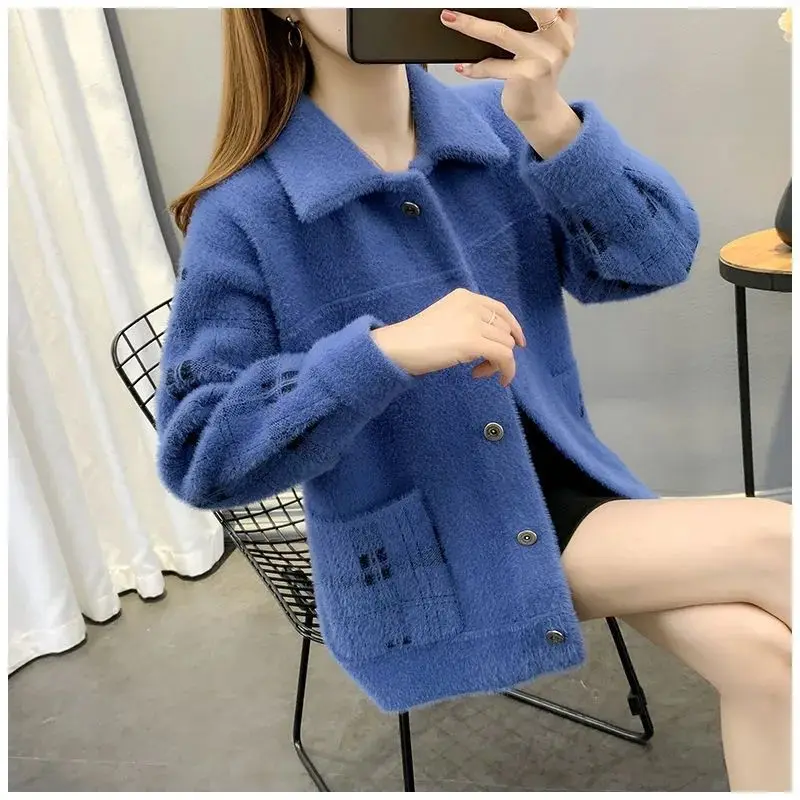 Autumn Winter Turn-down Collar Long Sleeve Fashion Outwear Women High Street Casual Printing Button Pockets Cardigan Warm Tops