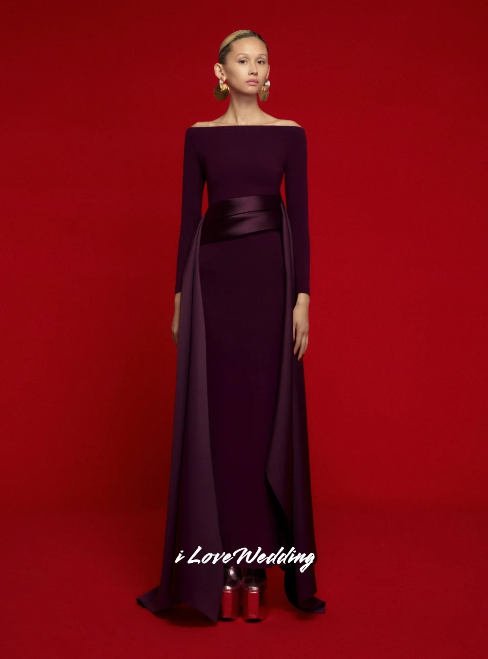 

Purple Off Shoulder Evening Dresses 2025 Satin Long Sleeve Mermaid Pleated Floor-Length Elegant Wedding Party Dresses Customized