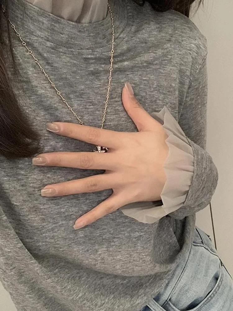 슬림핏 또는 롱 티셔츠 여성용 가을 겨울 하이 칼라 기본 티셔츠 출퇴근용 슬림핏 얇은 폴리에스터 섬유