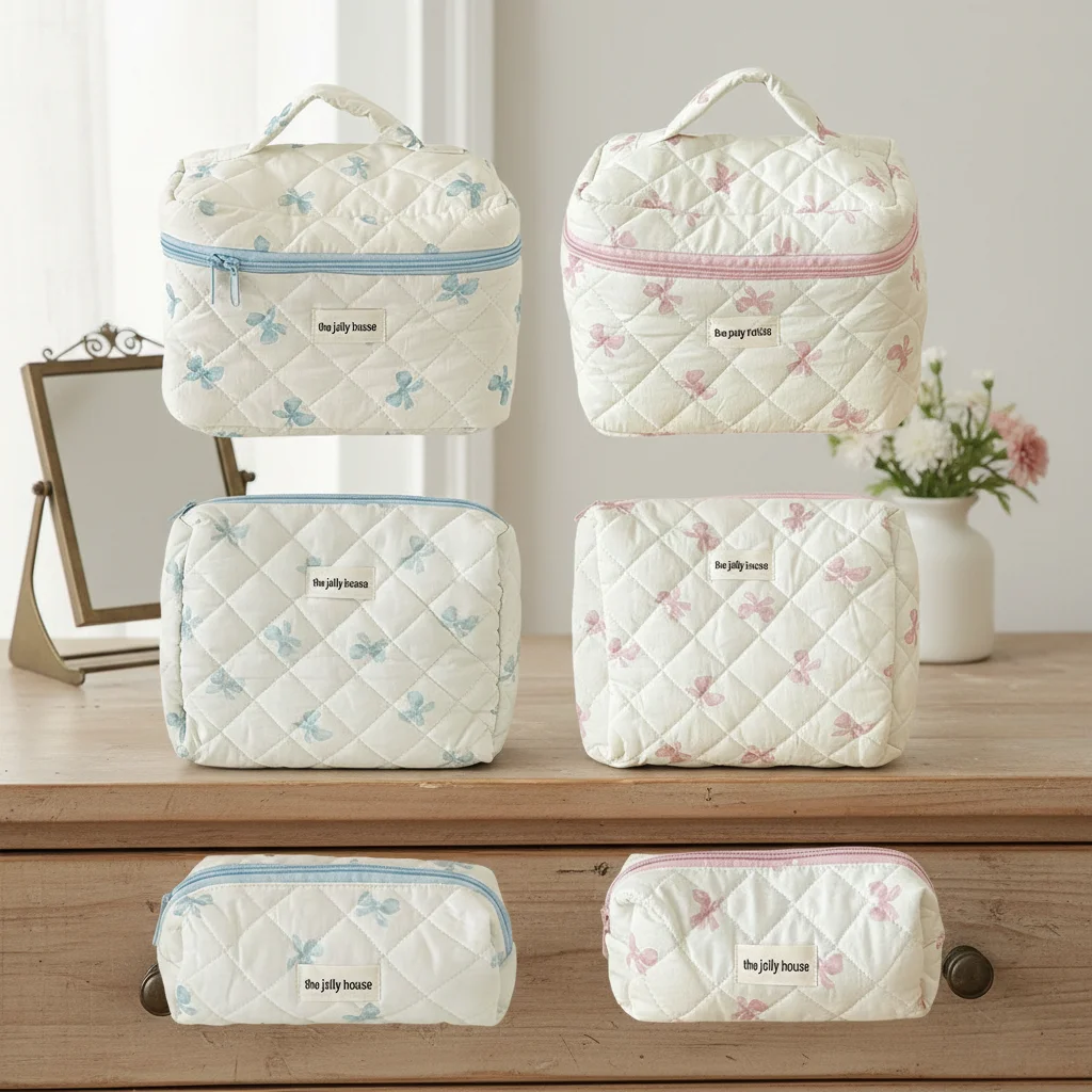 

Cute Bow Flower Quilting Cotton Makeup Bag Women Zipper Cosmetic Organizer Female Cloth Handbag Portable Toiletry Case For Girls