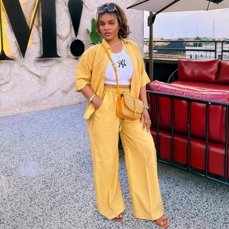 New African Fashion Women Two Piece Set Casual Solid Color Loose Shirt And Wide Leg Pants Set Outfits