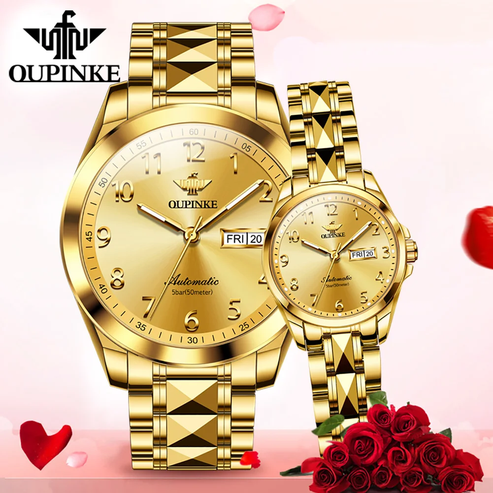 OUPINKE 3228 Couple Watch for Men Women Date Tungsten steel Waterproof Luminous Original Brand Lover Wristwatch Set