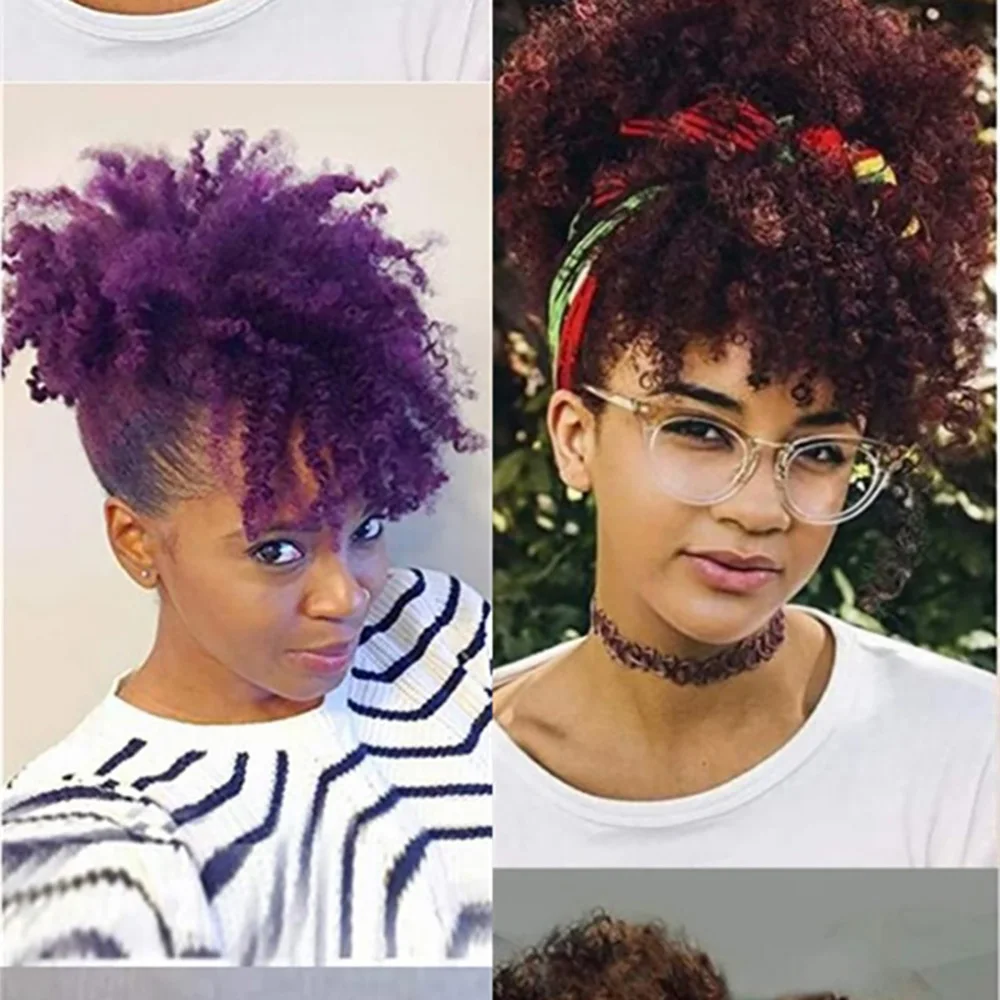 วิกผมทรงแอฟริกันแบบพันหัวพร้อมหน้าม้า ติดกิ๊บแบบ Afro Puff ผมสั้นหยิกฟูแบบสังเคราะห์ ต่อผมหางม้า