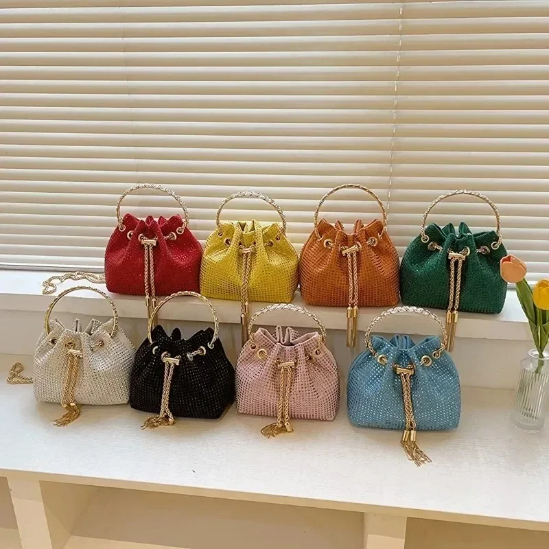 Women\'s Handbags Shoulder Candy Color Bucket Bag Round Handle Drawstring Crossbody Bags for Women Rhinestone Evening Bag Bolsa