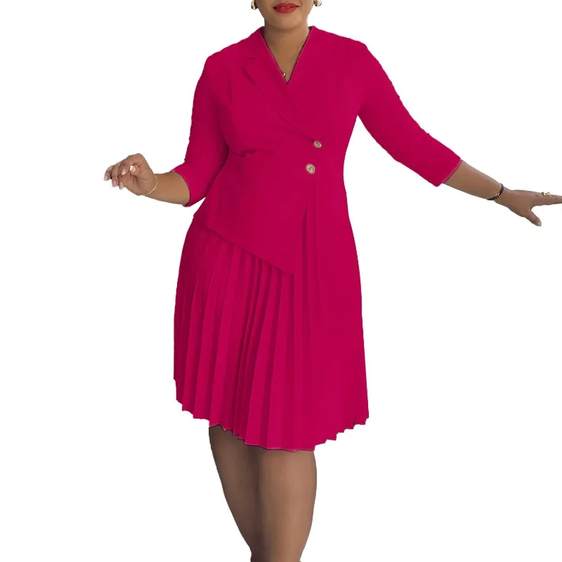 

Dashiki African Dresses for Women Autumn Elegant African 3/4 Sleeve V-neck Polyester Pleated Midi Dress Outfits Africa Clothing