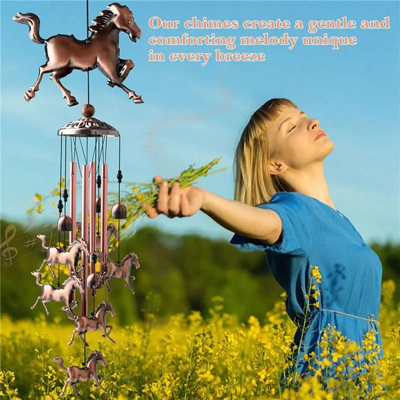 B84B 2X Vintage Horse Wind Chimes, Red Copper Metal Outdoor Garden Decoration, Relaxing Sound for Patio Balcony, Gift for Mom