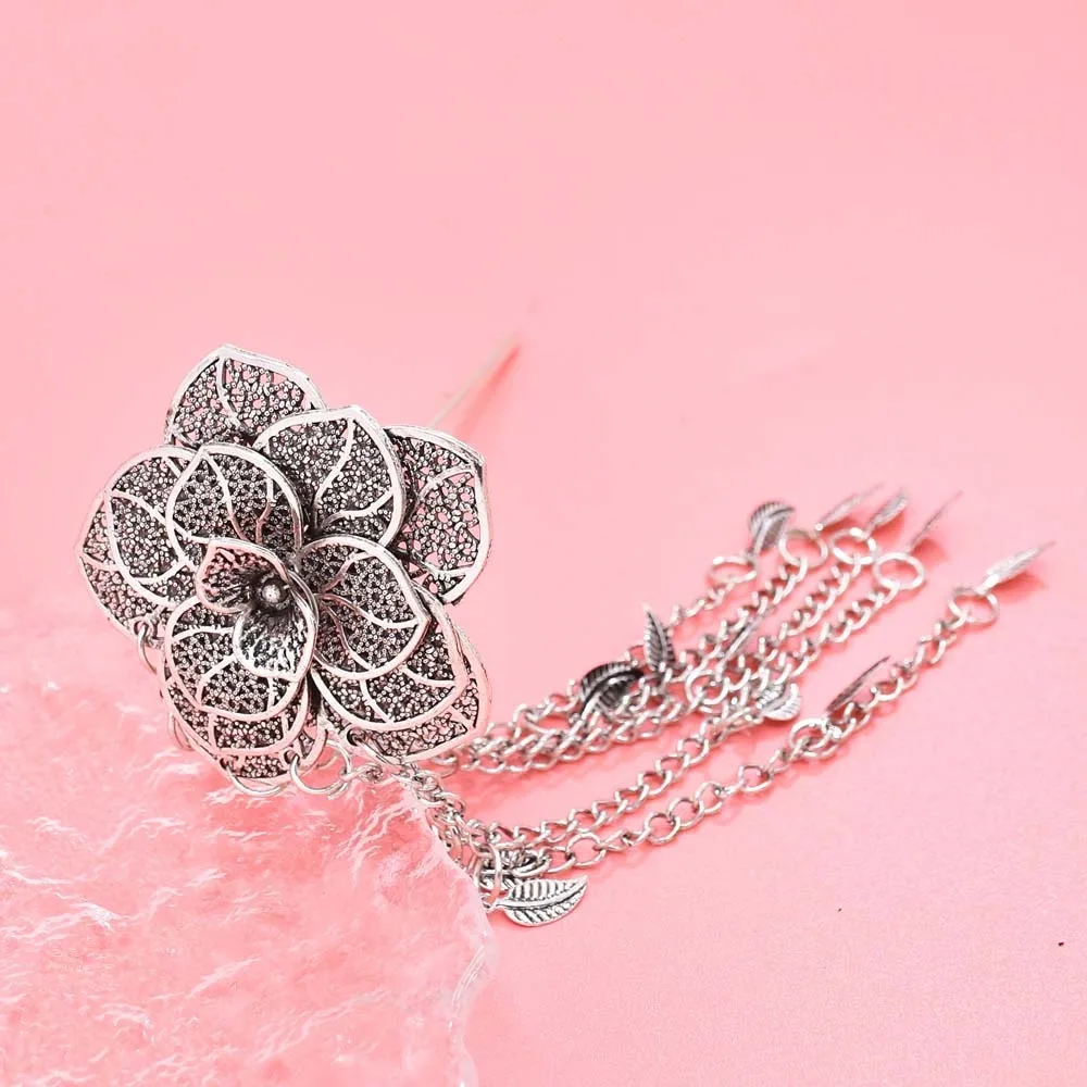 

Ancient Thai Metal Flower Hair Fork Ethnic Style Rhinestone Golden Tassels Hair Fork Headwear Leaves Silver Rose Hair Sticks