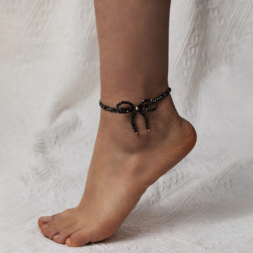 Sweet Temperament Black Imitation Crystal Beaded Bowknot Adjustable Anklets for Women Beach Valentine's Day Date Foot Jewelry