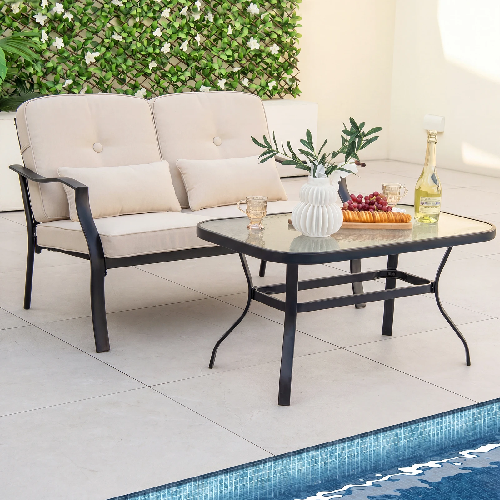 2 PCS Patio Metal Chairs Outdoor Dining Seat Heavy Duty w/ Cushions Garden Beige