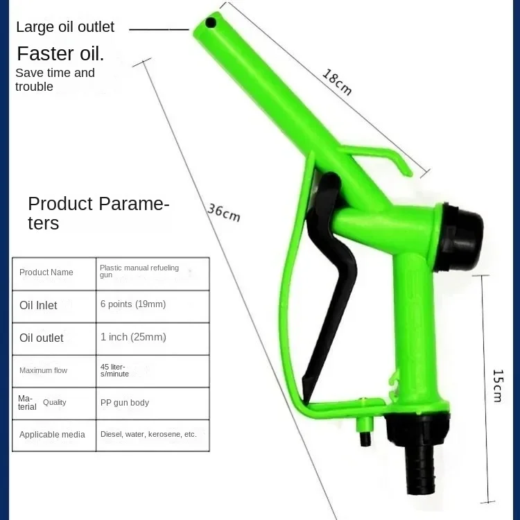 Plastikowy ręczny pistolet z dyszą paliwa o dużej wytrzymałości z hakiem 25 mm / 20 mm dysza benzynowa, przepływomierz maksymalny przepływ 45 l / m