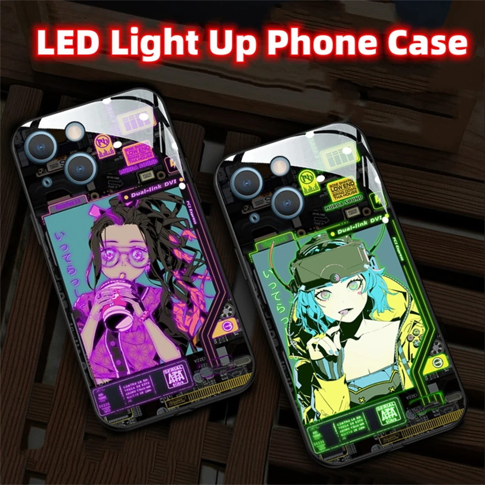 

Cute Anime Smart LED Light Up Phone Case With Tempered Glass Surface For XiaoMi 13 12 11 Pro Ultra RedMi K60 K50 K40 Poco F3