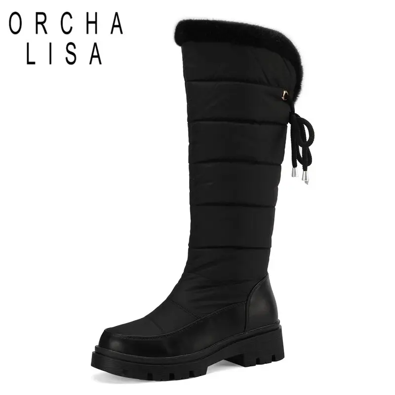 

ORCHA LISA Brand Female Knee High Boots Round Toe 5cm Block Heel Lace Up Daily Warm Plush Winter Snow Booties Plus Size 42 43 44