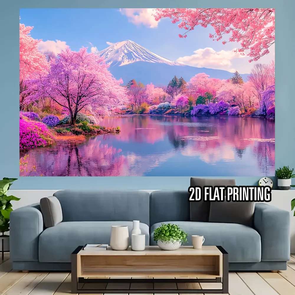 2D Flat, 1pc Japanese Cherry Blossom Wall Tapestry - Sakura Floral Backdrop with Mount Fuji, Pastel Pink & Purple Spring Scenery