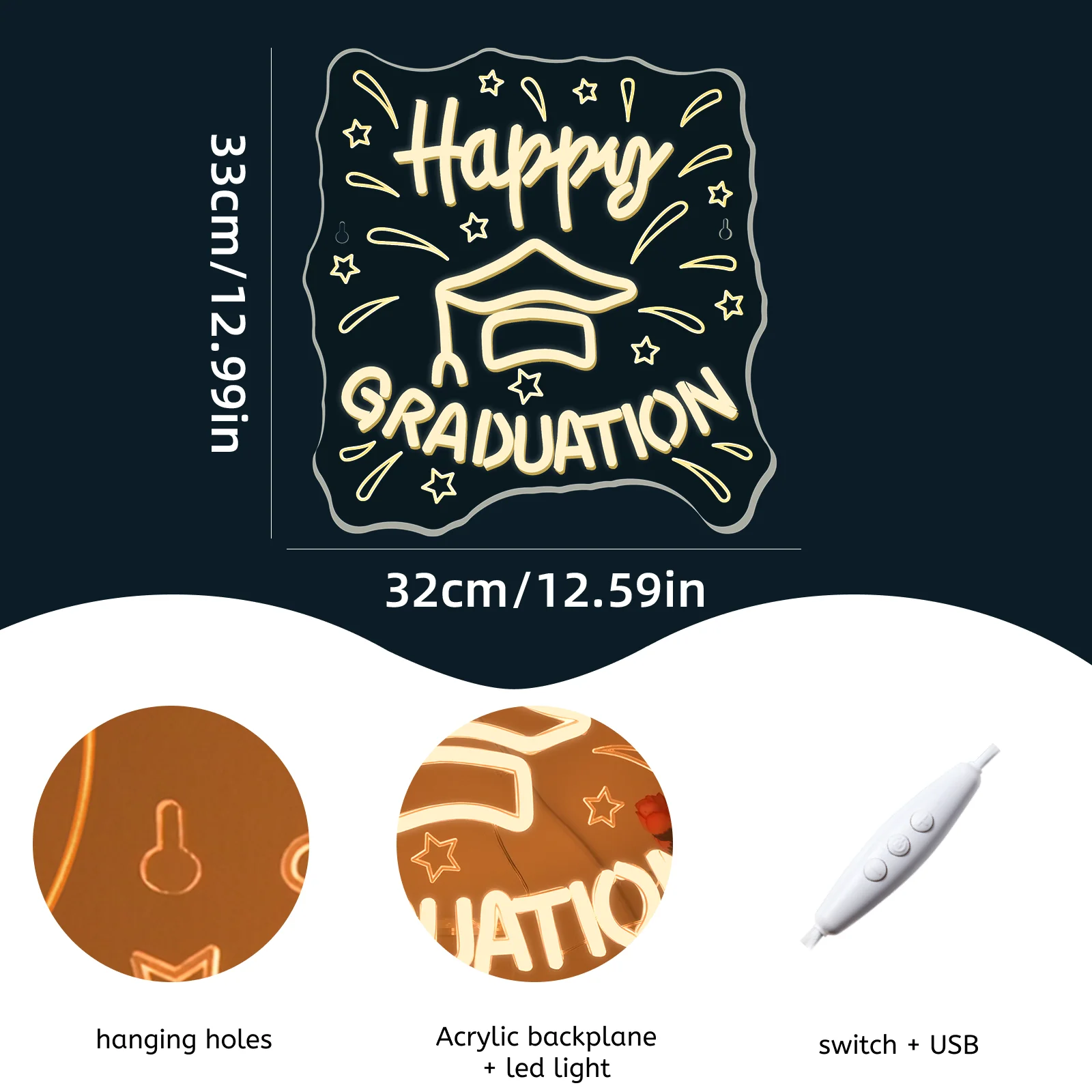 Happy Graduation Neon Sign Custom Grad Graduation Decor LED Warm White Letters Light Up Sign voor klasschool afstudeerfeest