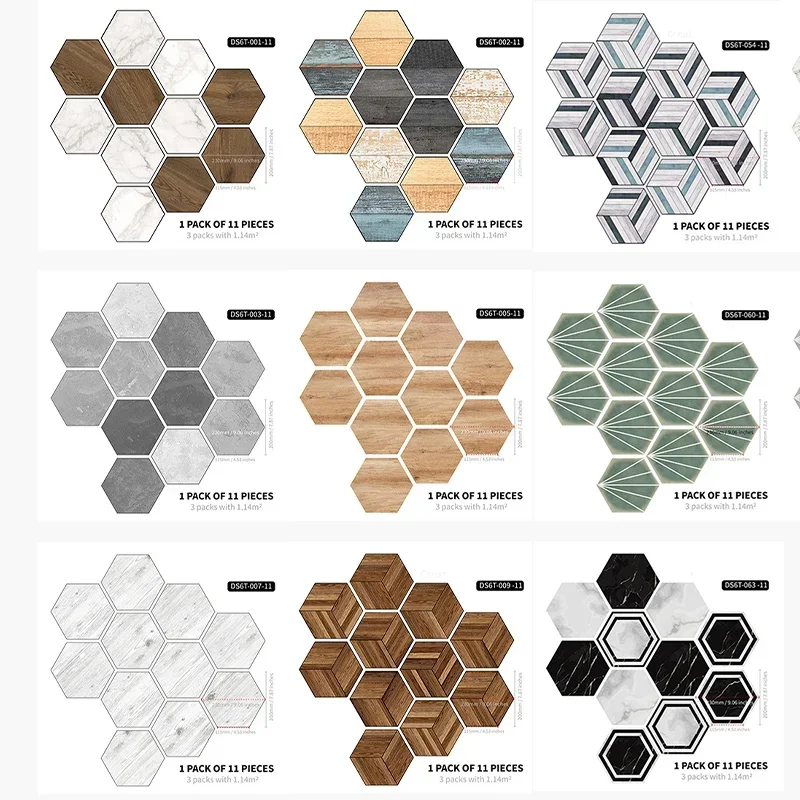 11pcs Self-adhesive Moroccan Style Hexagonal Diagonal Floor Stickers Removable Waterproof Wall Decals for Kitchen Bathroom Decor