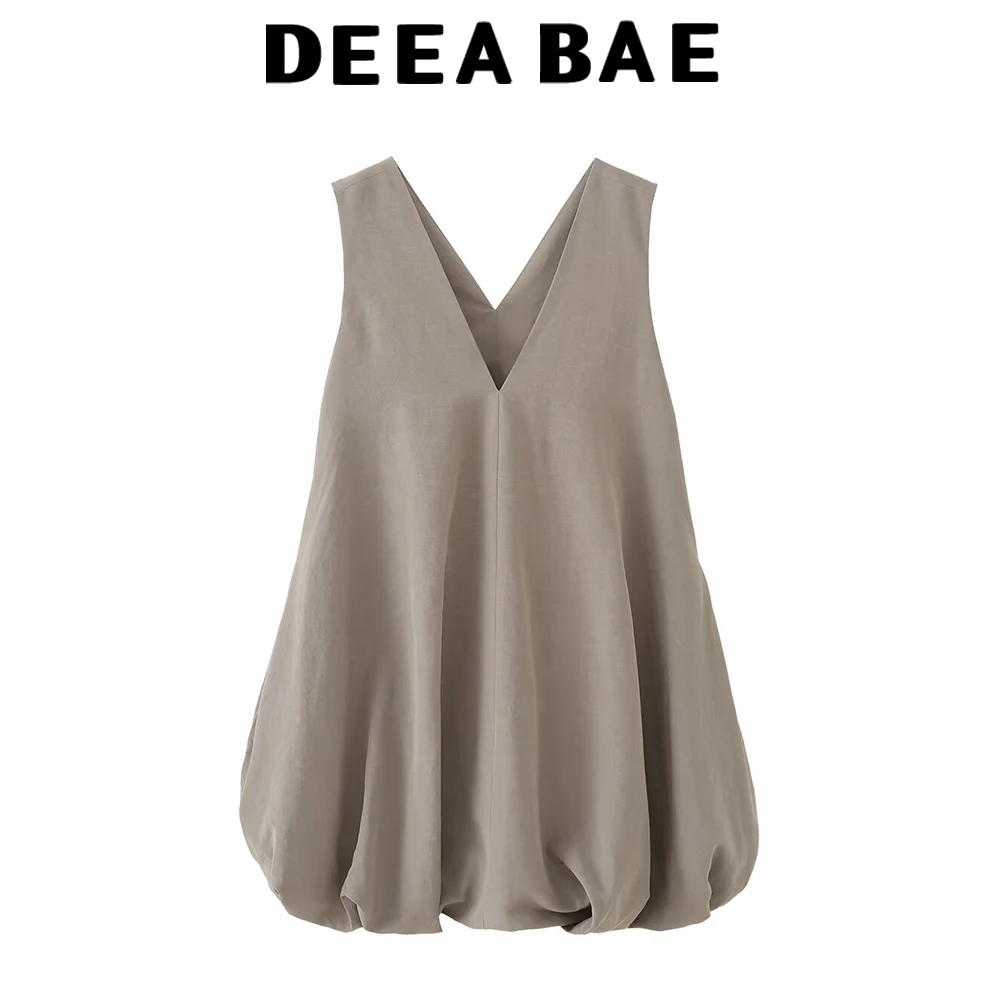 DEEABAE Robe sans manches à col en V et manches bouffantes pour femme, nouvelle collection été 2026, design tendance, effet amincissant