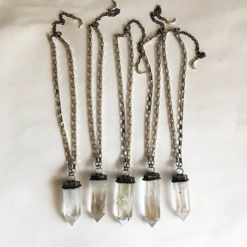 

10pcs Silver Plated Stainless Steel Box Chain Necklace Big Clear Quartz White Crystal Obelisk Wicca Witch Goth Talisman Jewelry