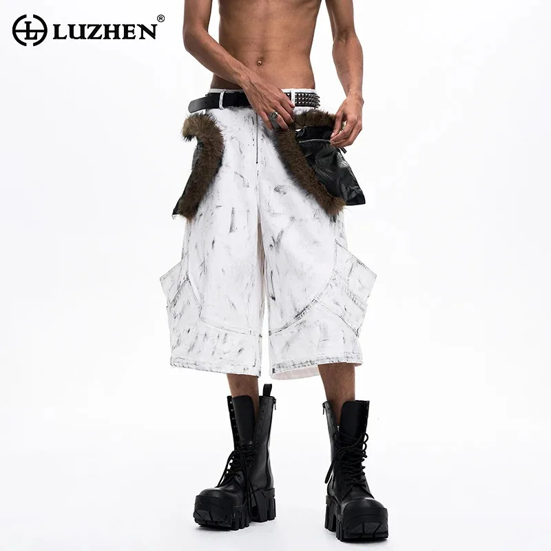 LUZHEN Tie-dyed Faux 2026 Pattern New Fur Leather Original Pockets Decorate Straight Cropped Trousers Men's Trendy Shorts JY8427