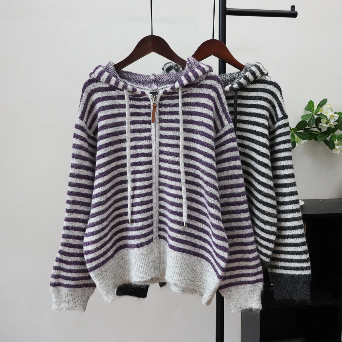 

Women Knitted Cardigan Sweaters Striped Jumpers Color Blocked Hooded Zipper Long Sleeve Loose Fit Office Lady 2025 Autumn Winter